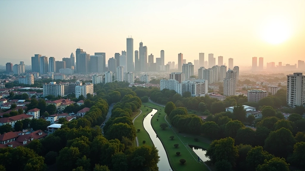 Вид на центр Алматы с небоскребами и зеленым парком в переднем плане, утреннее солнце