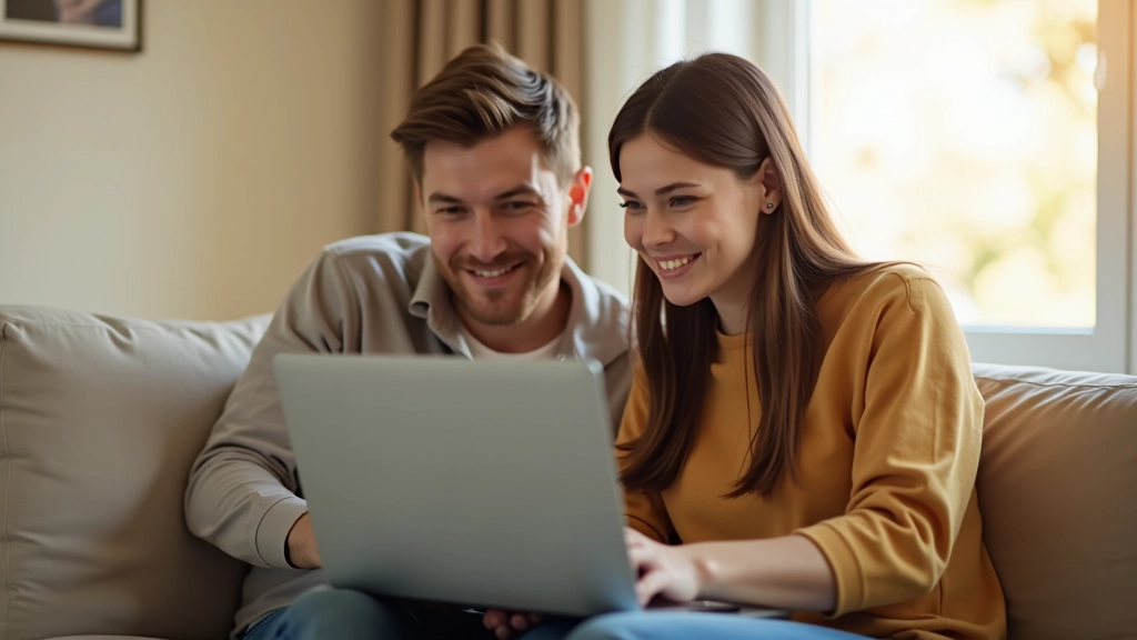 Молодая пара просматривает объявления о квартирах на ноутбуке в современной квартире