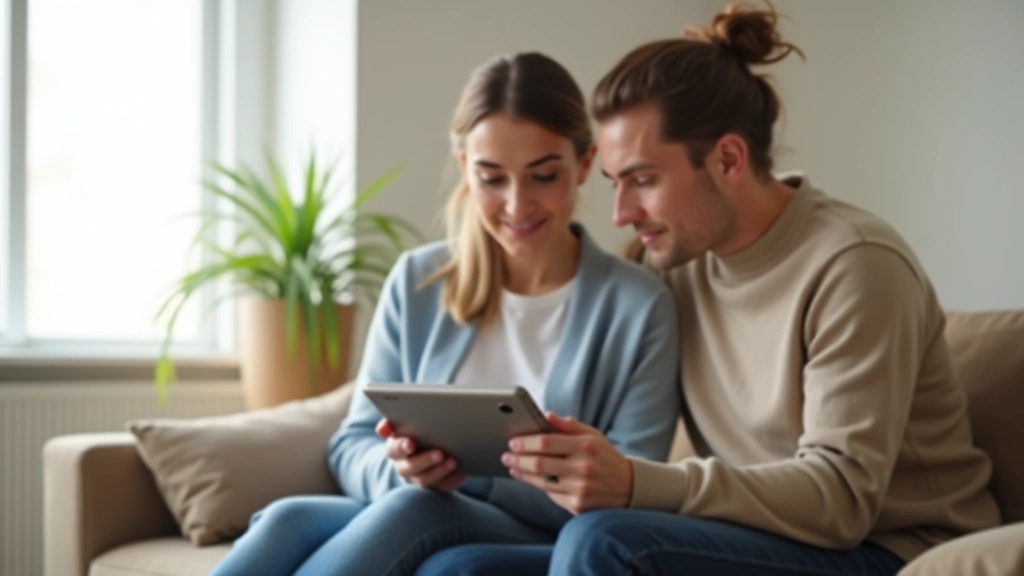 Мужчина и женщина смотрят на список квартир на планшете в современной гостиной