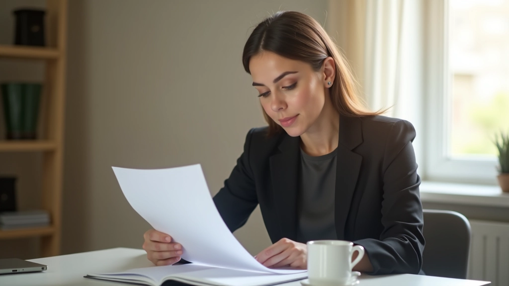 Молодая женщина внимательно читает договор аренды за столом